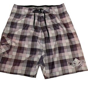 Ezekiel Flat Front Cargo Board Shorts 33 Grey Checkered Hook Loop Drawstring